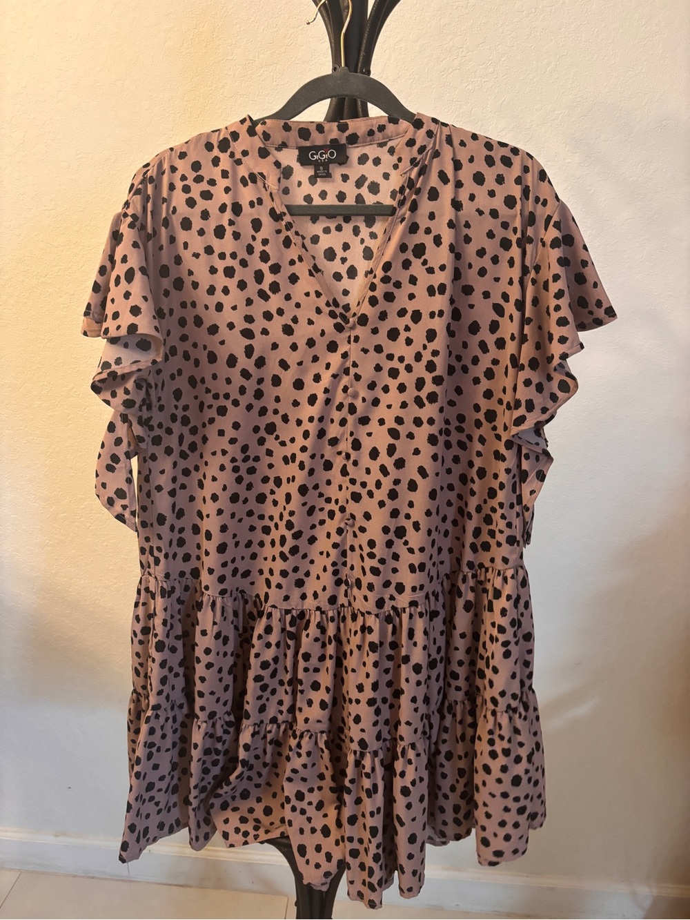 GGO Mauve Pink Polka Dot Ruffle Sleeve Tunic
